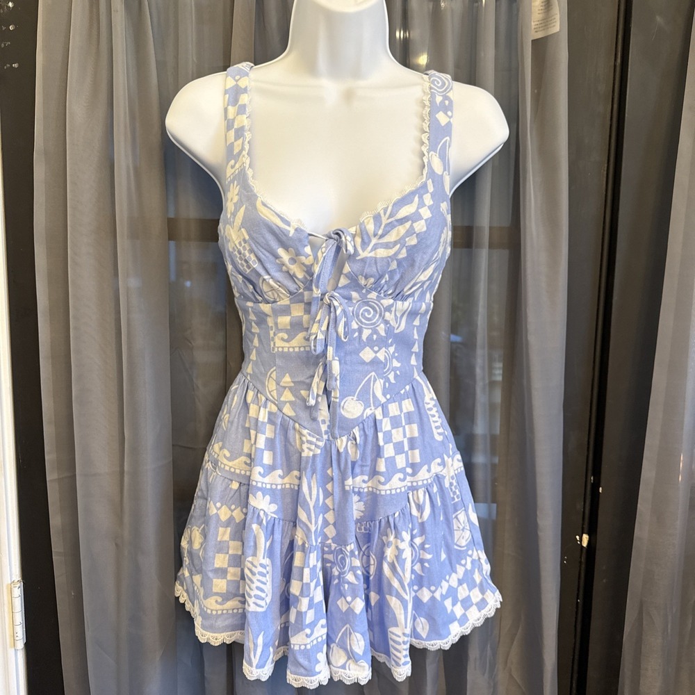 RSQ Light Blue Patchwork Romper Dress Size XX-Small Tie Front Lace Trim Summer